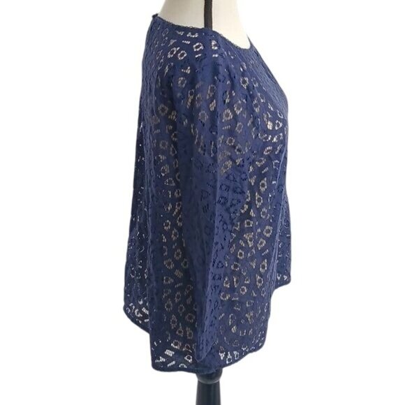 Loft Blouse Blue Lace Knit Classic 3/4 Sleeve Flowy Womens Size Large - Picture 4 of 7